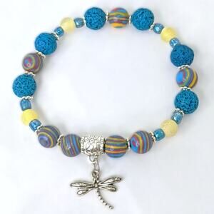 Dragonfly Bracelet Artisan Picasso Jasper Gemstones Diffuser Lava Rock Beads NEW